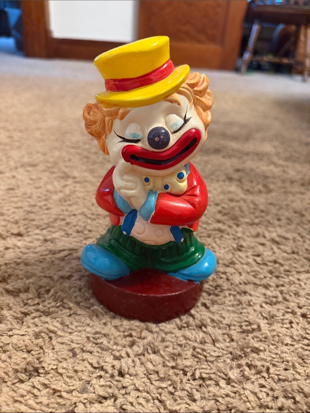 Antique Colorful Yellow Hat Clown Figurine piggy bank- Red, Blue, Green